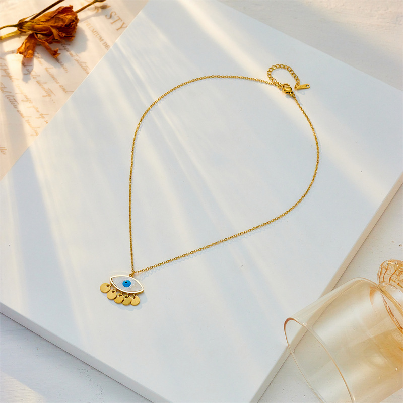European and American unique, fashionable, creative and niche design, round tassel, oval blue eye pendant, stainless steel chain necklace Specification drawing