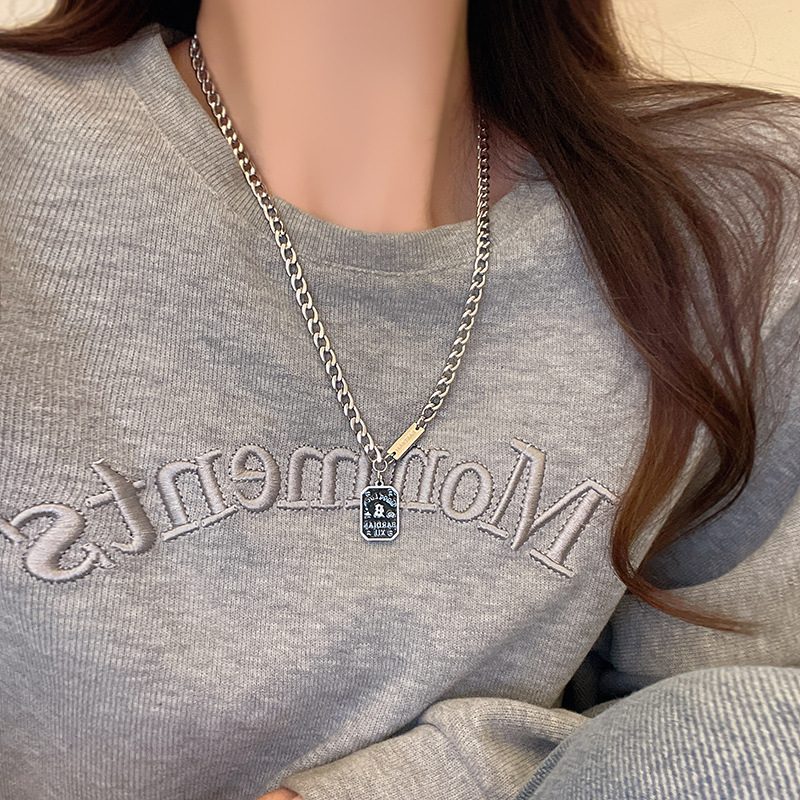 ins trendy black square letter titanium steel necklace for women, with a light luxury and niche design sense, hip-hop style retro necklace accessory full figure