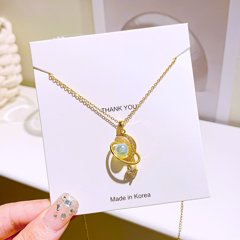 Mermaid Princess Pearl Moon Planet Pendant Titanium steel necklace with a unique design sense for women, new collarbone chain high-end accessory Specification drawing