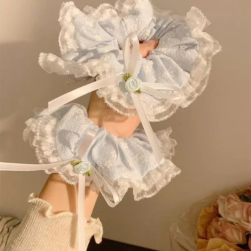 Sea Salt Girl ~ Blue bow lace large intestine hair band, a high-end Korean-style sweet flower hair tie accessory full figure