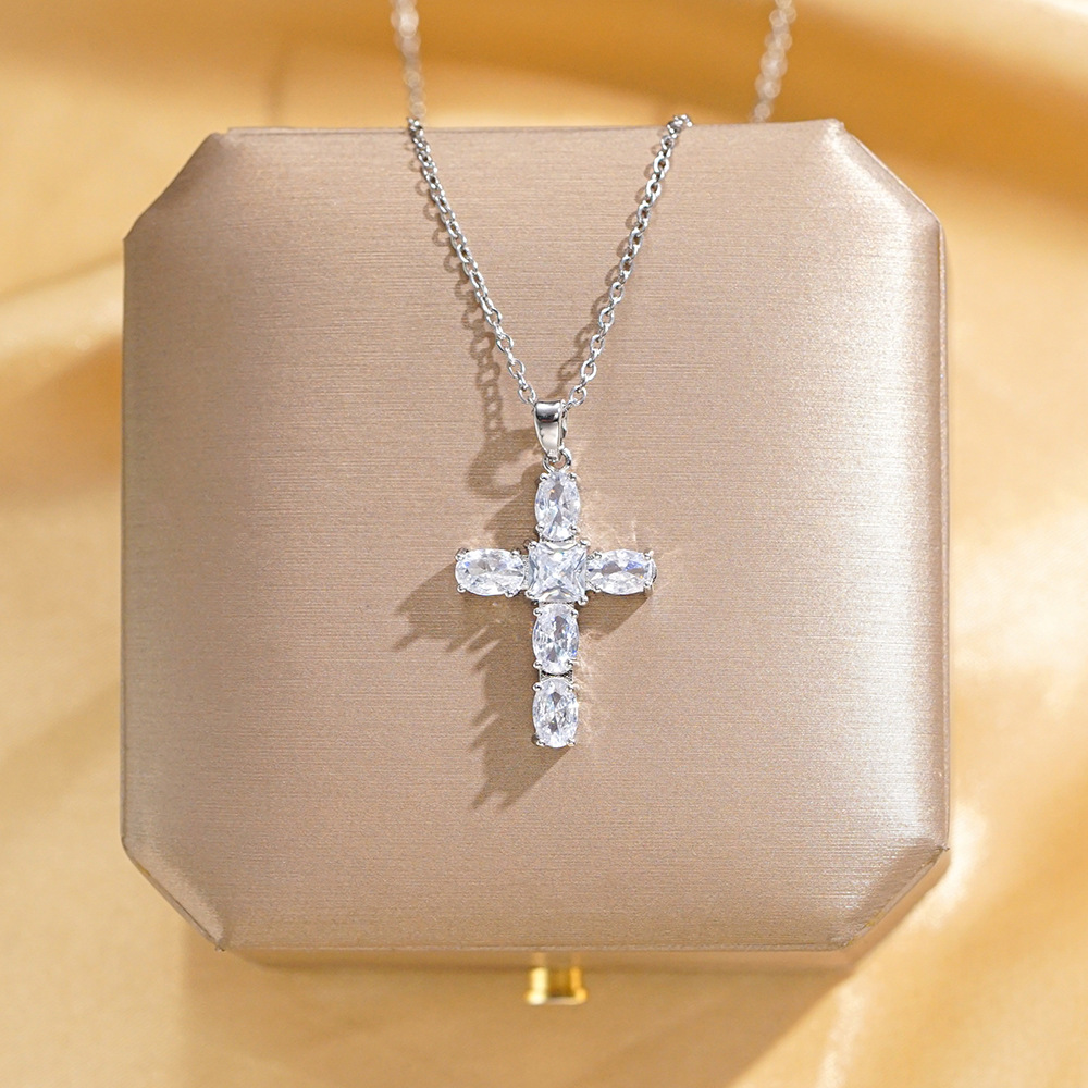 Wholesale of genuine gold electroplated and inlaid zircon cross pendant titanium steel necklace for women, European and American light luxury style collarbone chain details Picture