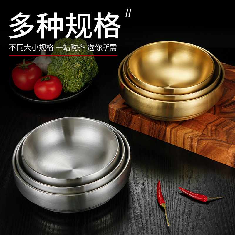 Korean-style stainless steel double-layer cold noodle bowl, golden rice bowl, Korean-style insulated mixed rice and instant noodle large soup bowl, aged and retro details Picture
