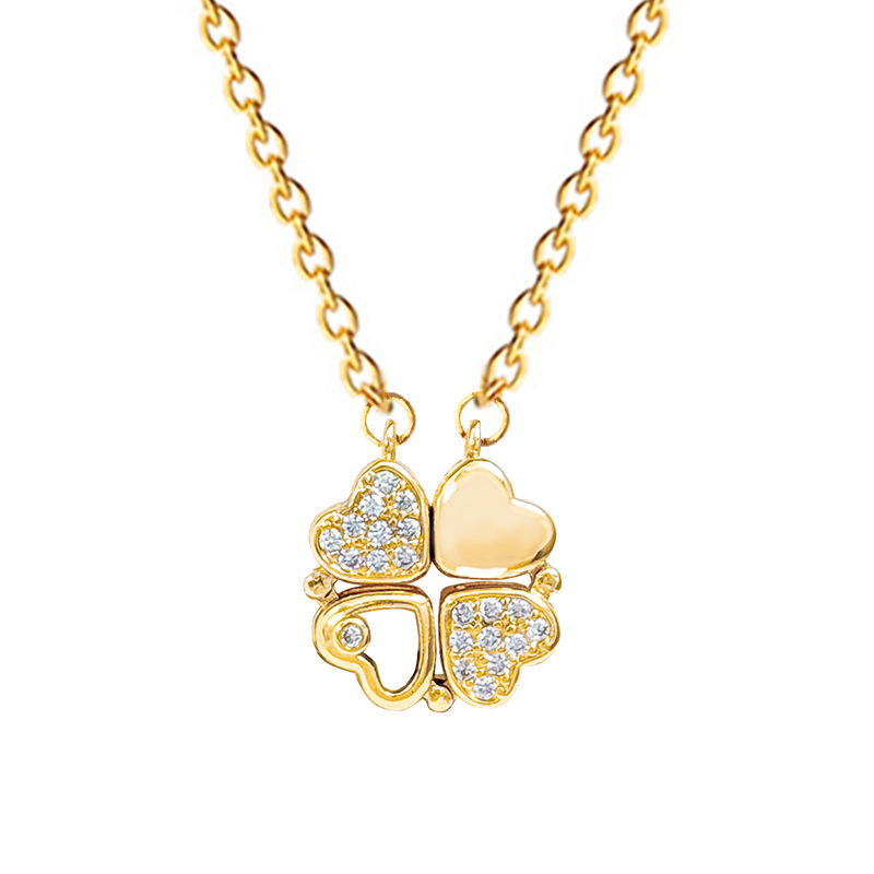 【 Titanium Steel 】 New Women's necklace, a double-wear heart-to-heart opening and closing four-leaf flower full diamond, versatile collarbone chain, titanium steel Item Picture