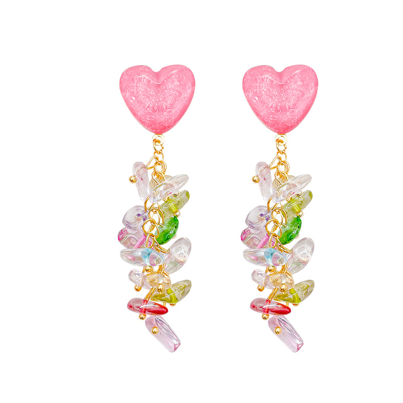 Colorful heart-shaped crushed stone tassel earrings for women, summer high-end design long earrings, new stylish and popular earrings Item Picture