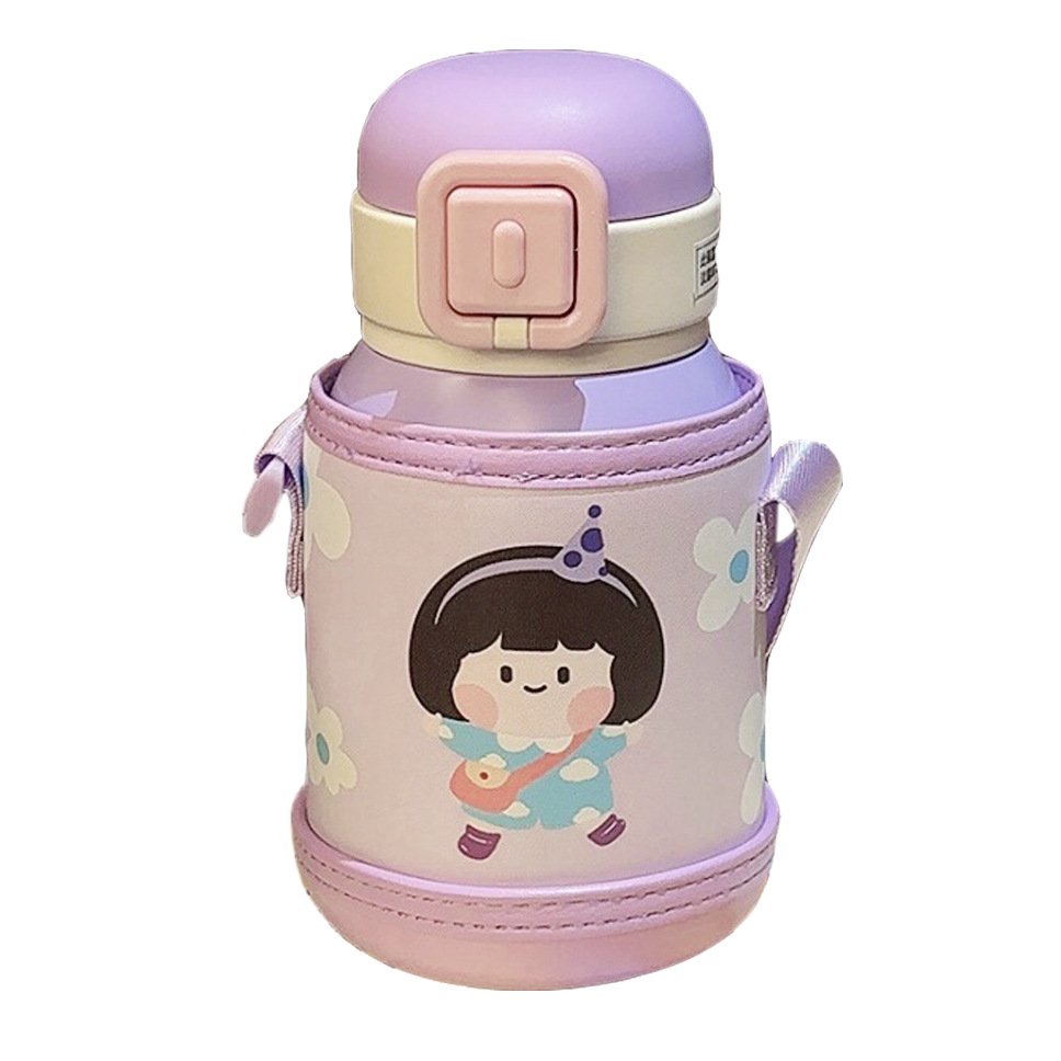 Xiong Xiaodou's cute baby children's insulated cup, cute cartoon anti-drop water bottle, stainless steel portable leather case, straw water cup Item Picture