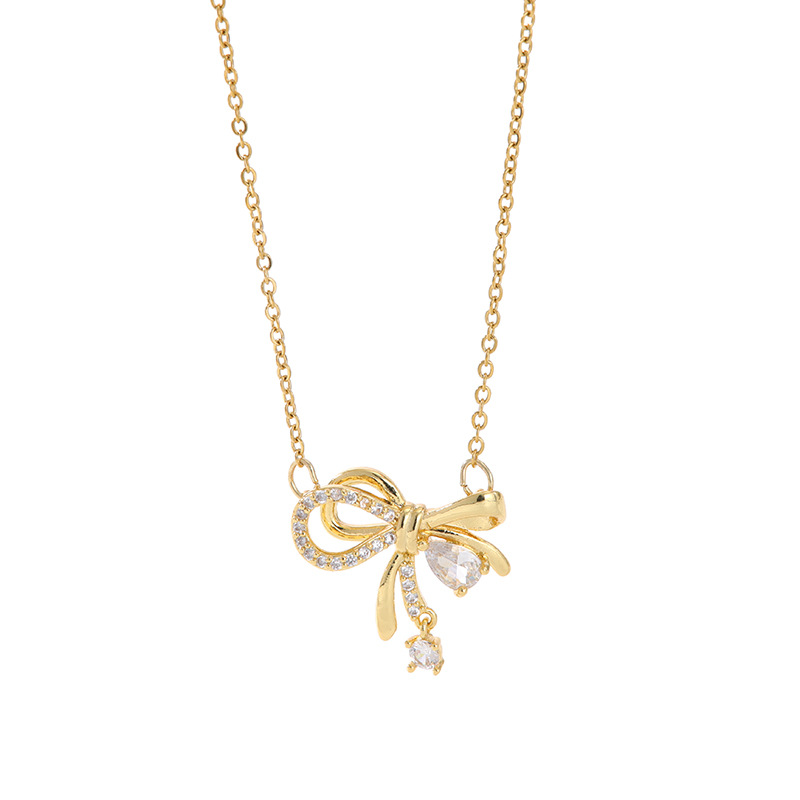 New women's necklace with micro-inlaid zircon bow water drop necklace, Japanese and Korean style niche design collarbone chain accessory wholesale Item Picture