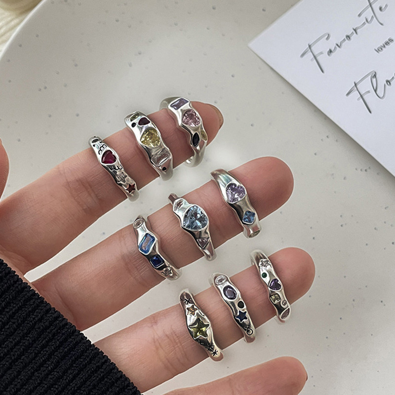 Colorful zircon heart-shaped ring for women in an InS-style combination, a niche and high-end look with adjustable openings, fashionable 2023 new style Specification drawing