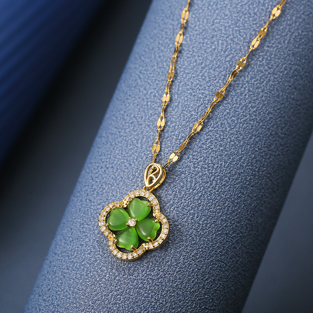 Fashionable and light luxury green cat's eye stone four-leaf clover full diamond titanium steel necklace, women's luxury and versatile collarbone chain, wholesale details Picture