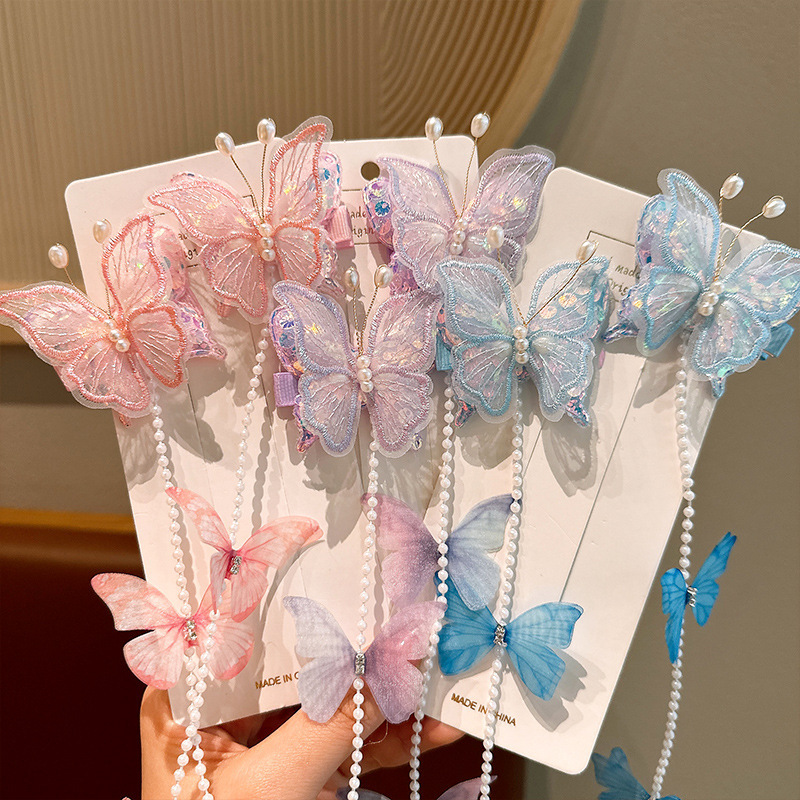 Children's tassel butterfly hair clips, super fairy pearl girls' braided hair chain headwear, little girls' hair bands, braided hair accessories for girls Specification drawing