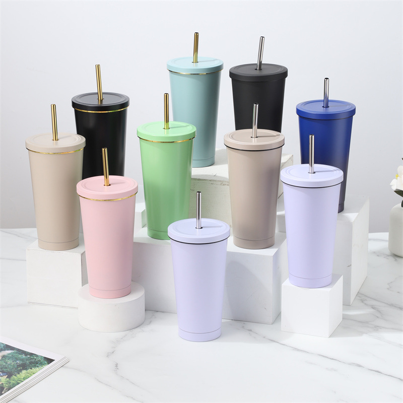 Wholesale of new cross-border 304 stainless steel double-layer straw cups, simple insulated cups, portable outdoor car coffee cups details Picture