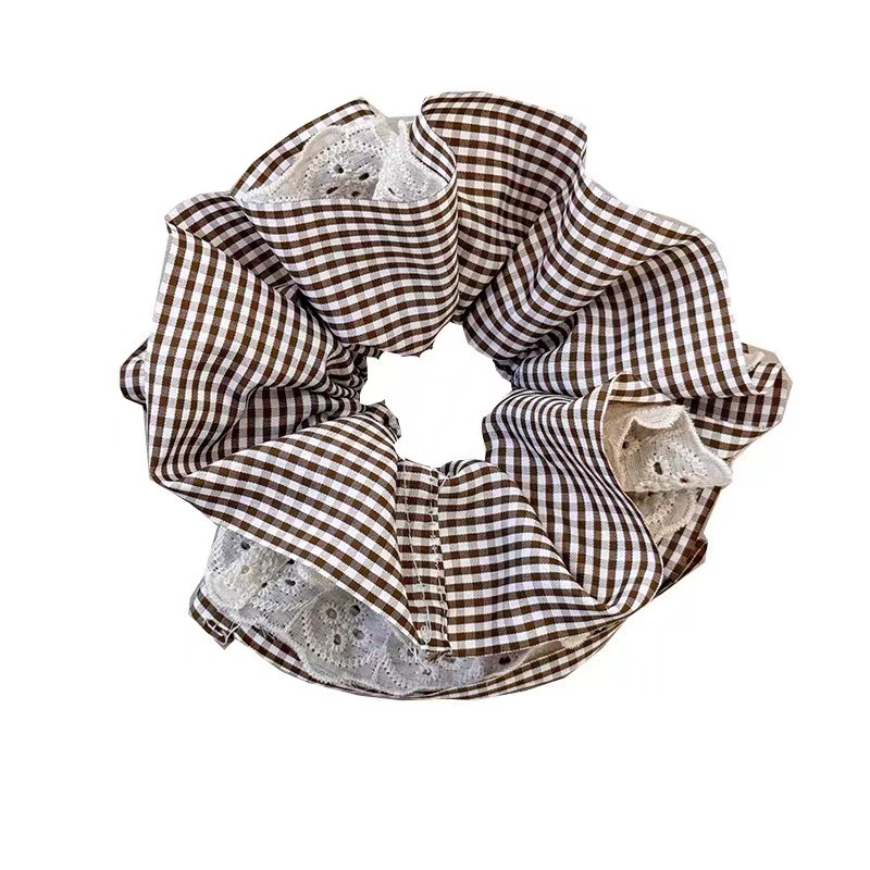 Checkered lace large intestine hair tie with four layers of flower buds, large skirt hem hair tie, Maillard color series bun hair tie headwear Item Picture