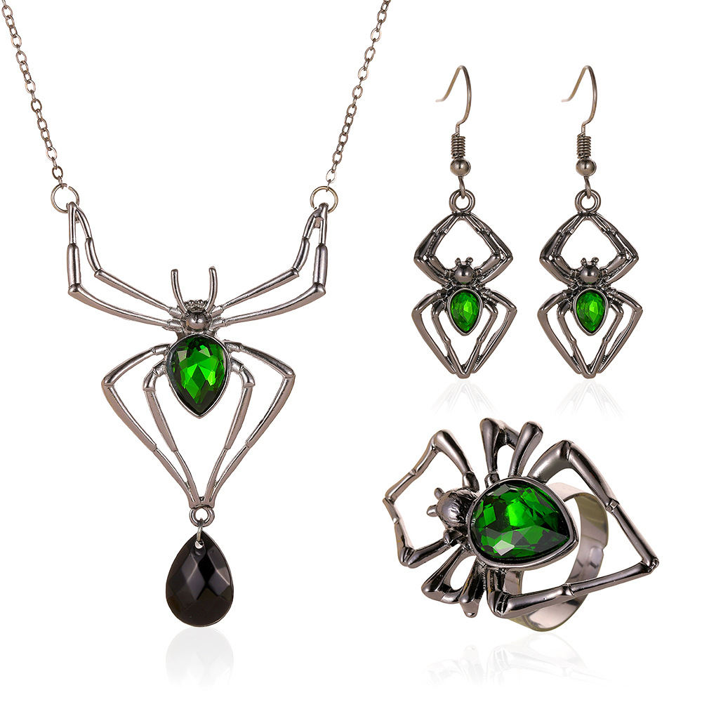 Halloween jewelry, a unique and exaggerated three-piece set: spider necklace, earrings, ring, retro emerald set and accessories Item Picture