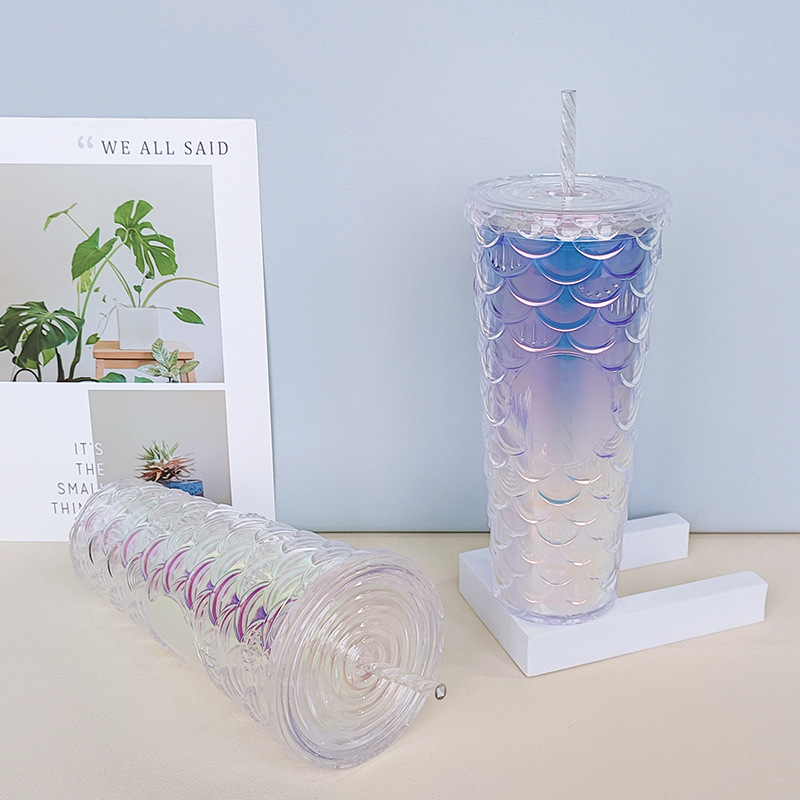 New stylish fish-scale straw cup with double-layer insulation, 700ml drinking cup, popular indoor water cup wholesale Specification drawing