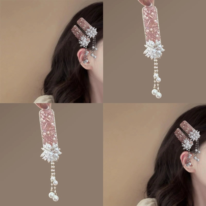 Pink diamond pearl tassel hair clips with a high-end feel, side clips, new Chinese-style headwear, bangs clips, hair clips, Hanfu hair accessories full figure