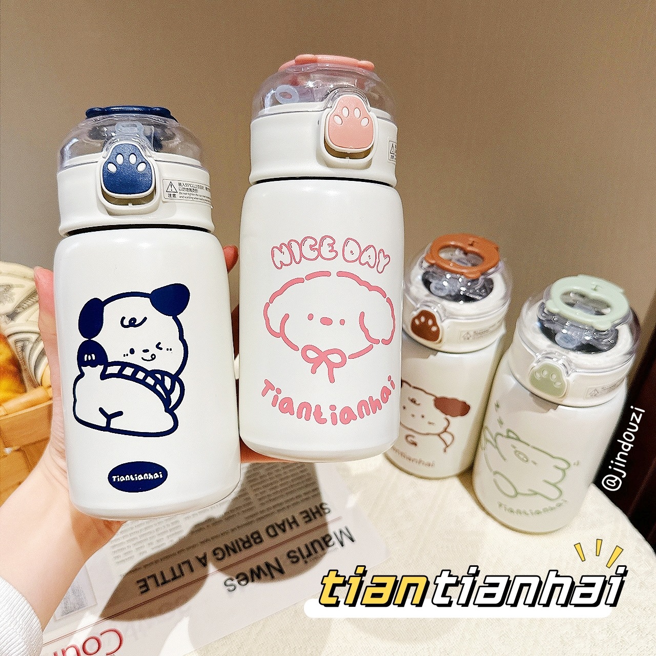 Ins-style cute water cup, student bear paw insulated cup for girls, portable and small, 304 stainless steel straw cup full figure