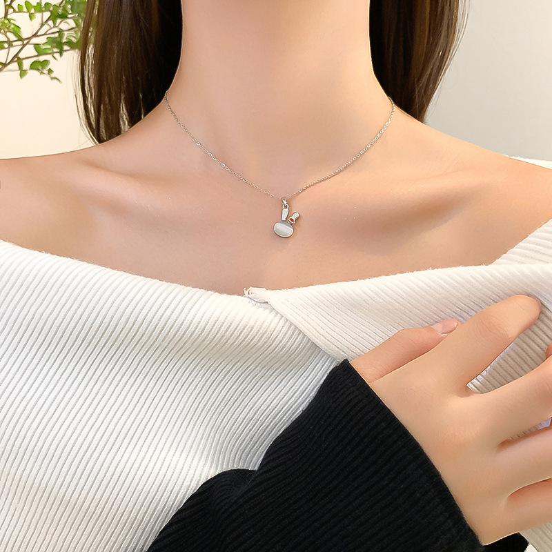 Silver cat's eye stone little rabbit necklace, a unique and light luxury design for women, a popular collarbone chain, a versatile titanium steel accessory details Picture