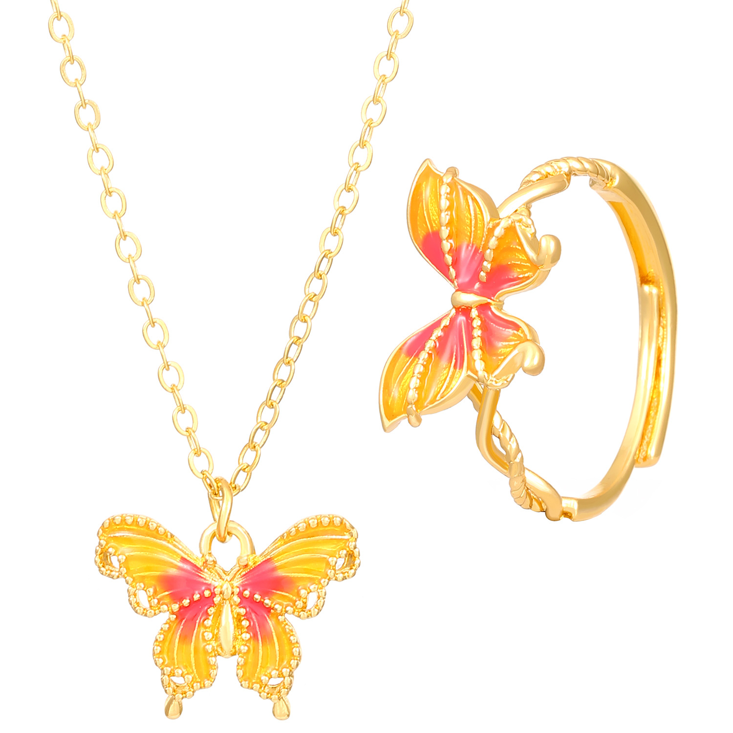Cross-border Dreamy Misty Rain Butterfly Dream Gradient Gold Necklace Ring Set, Women's Ring Collarbone Chain Jewelry Two-piece set Item Picture