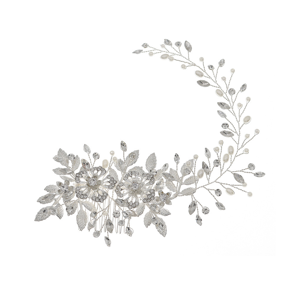 European and American accessories, hollowed-out flower pearl hair comb, retro gold long handcrafted hair band, Xiuhe evening dress, updo hair comb Item Picture