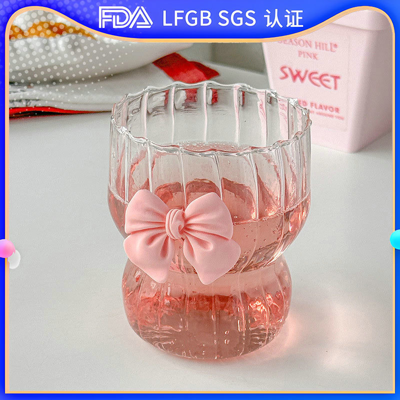 Pink bow heat-resistant coffee cup, high borosilicate glass cup, vertical pattern chubby cup, tea brewing cup, girlish heart full figure