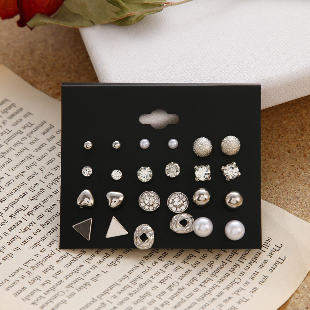 European and American cross-border stud earring set, 12 pairs of stud earrings, zircon heart triangle diamond earrings, retro stud earrings wholesale Specification drawing