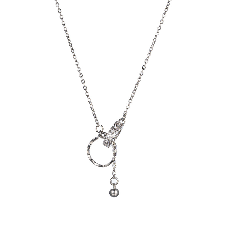 A silver full-diamond double-ring tassel necklace with a niche design sense from Japan and South Korea, a simple and light luxury style for women's collarbone chain fashion accessory Item Picture
