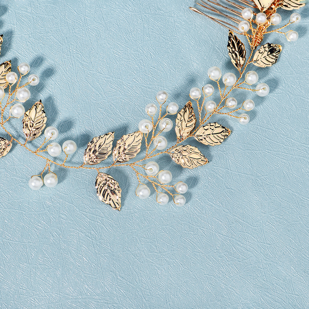 Amazon's new wedding accessories: Handcrafted pearl pair combs, long handcrafted golden leaf interlocking combs, bridal headwear Specification drawing