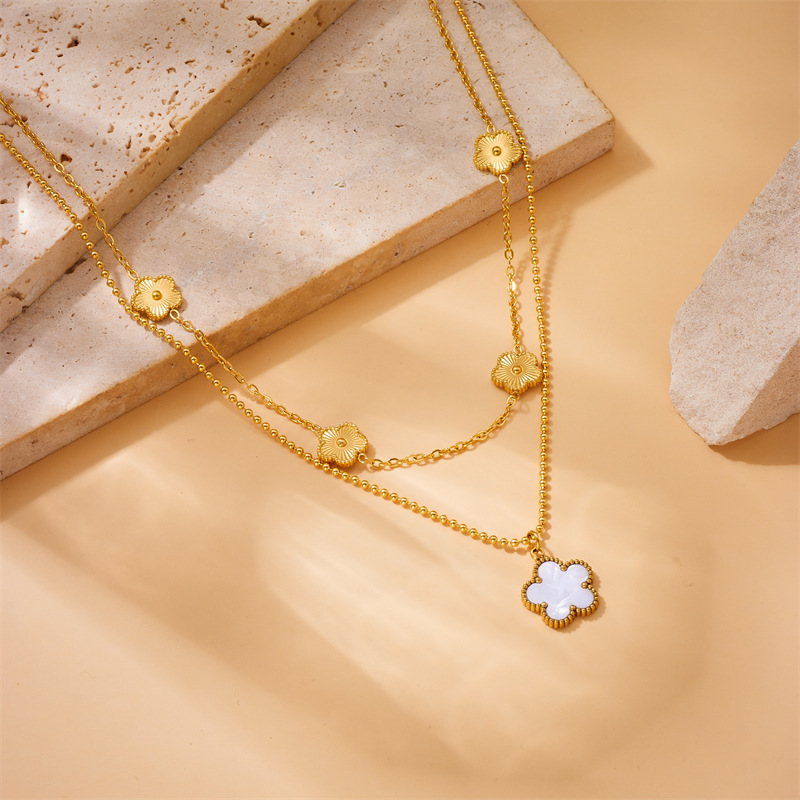 A fashionable and retro style, simple gold-plated flower double-layer chain stainless steel jewelry necklace Specification drawing
