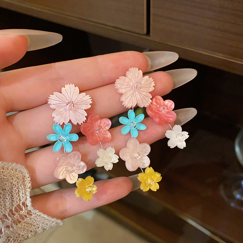 Dopamine-colored flower tassel earrings for women, summer versatile and high-end stud earrings, wholesale of girl-style vacation earrings details Picture