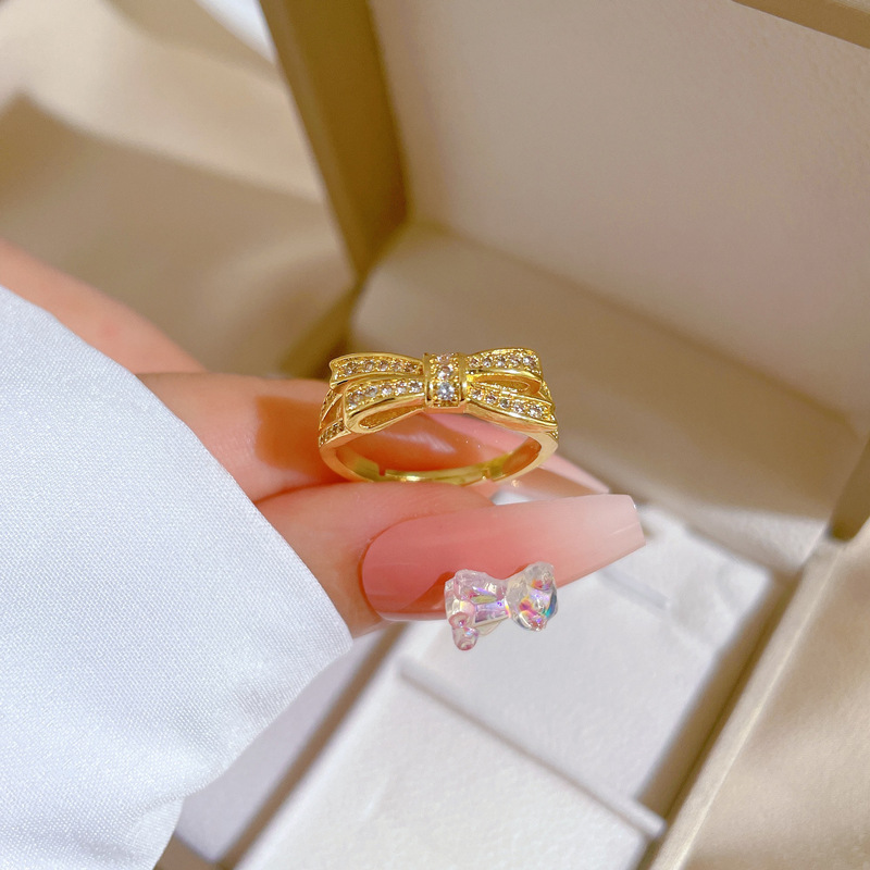 【 Real gold electroplating 】 Open ring, women's fashion bow, light luxury ring, index finger ring, the same style as Internet celebrities, cold style details Picture