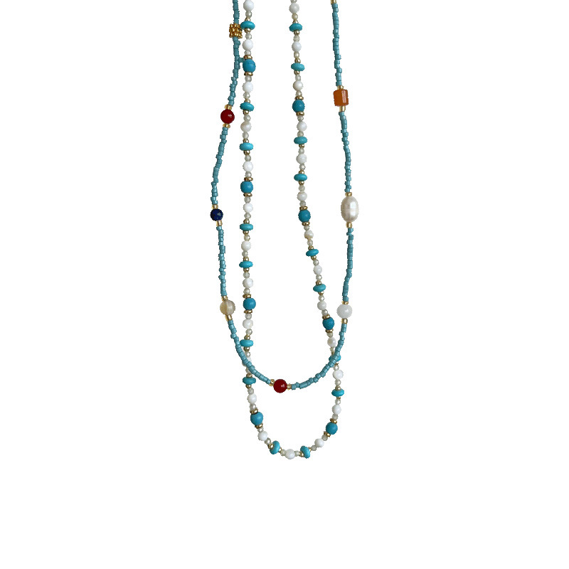 New Chinese-style turquoise pearl necklace for women, a fresh and light summer color luxury dopamine beaded collarbone chain Item Picture