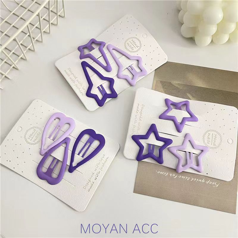 Purple geometric five-pointed star heart-shaped hair clips, elegant Korean style, with duckbill-shaped side clips, sweet and girlish hair accessory for girls Application Scenario