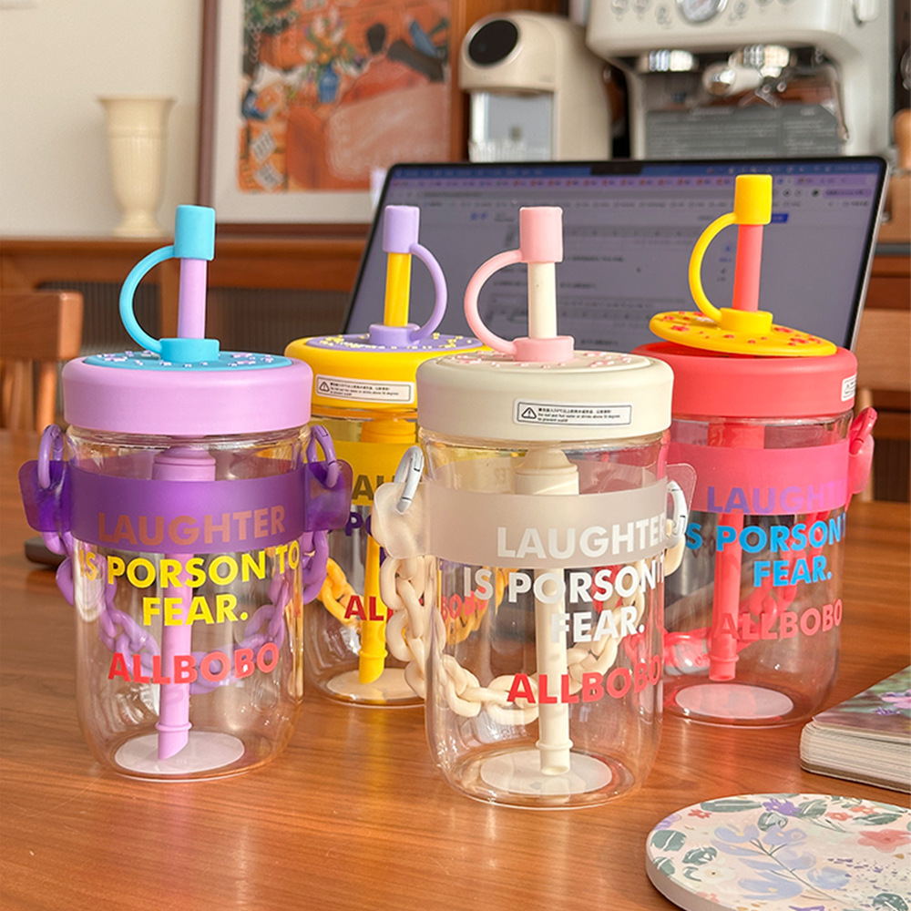 Summer girls' glass cup with dopamine, high appearance level, straw water cup, simple with chain, portable and heat-resistant coffee cup details Picture