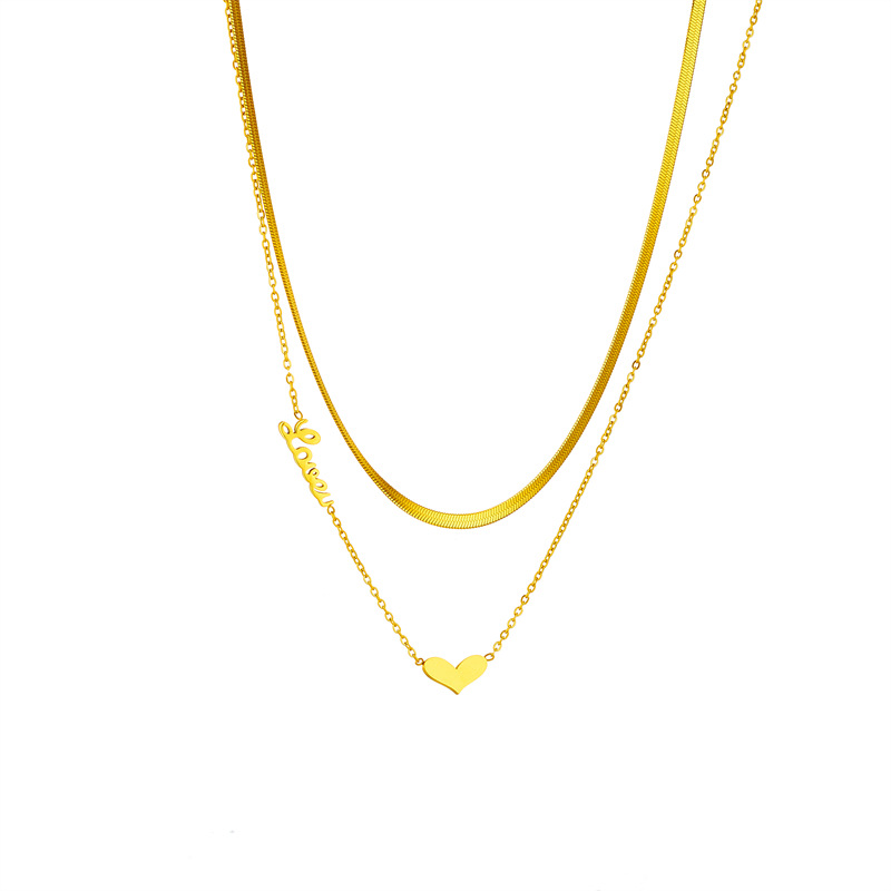 Korean-style fashionable and niche design double-layer overlapping snake bone chain heart-shaped letter pendant chain titanium steel jewelry necklace Application Scenario