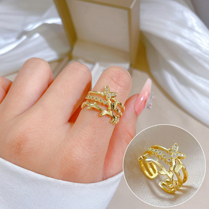【 Real Gold 】 Butterfly Super Flash Zircon ring with adjustable opening, simple jewelry, Japanese-style ring couple rings full figure