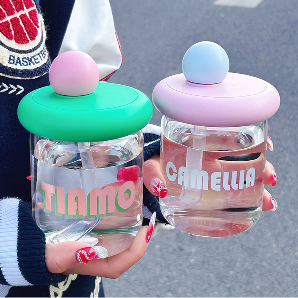 Cute and small glass cup, high appearance level, covered office straw cup, fashionable and simple, student home creative water cup details Picture
