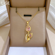 【 Titanium Steel 】 Rose full diamond light luxury and elegant full diamond necklace, versatile collarbone chain titanium steel chain for women