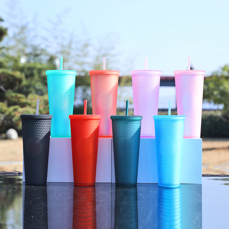 Factory direct supply custom double-layer plastic straw cup, large capacity with logo, Starbar durian cup, prickly fashionable water cup Item Picture