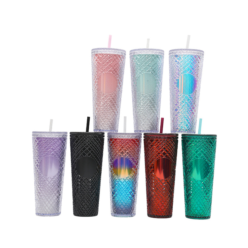 New cross-border Amazon portable double-layer plastic cup from the manufacturer, universal portable irregular gemstone straw cup details Picture