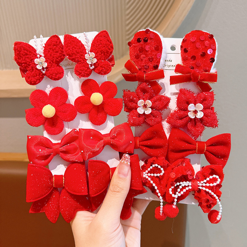 Children's red New Year hair accessories, girls' New Year hair clips, baby ancient-style bow hair clips, Chinese-style Hanfu headwear Specification drawing
