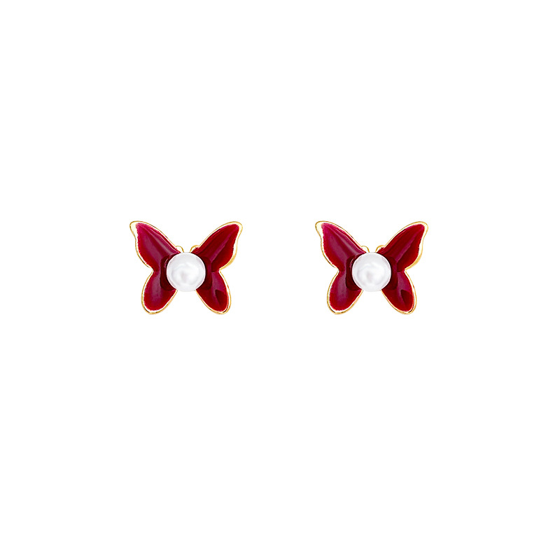 Reddish-brown oil-dripping bow stud earrings for women, retro and light luxury pearl earrings, with a unique and high-end feel, versatile and exquisite earrings Item Picture