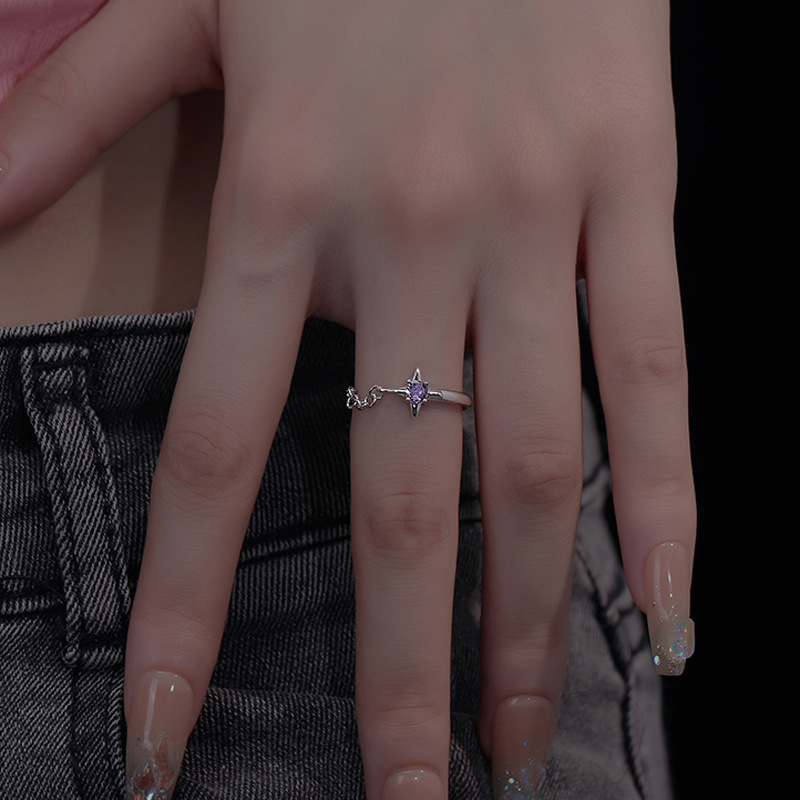 Purple zircon four-pointed star chain ring, a unique and high-end design for women, fashionable and individual index finger ring and tail ring full figure