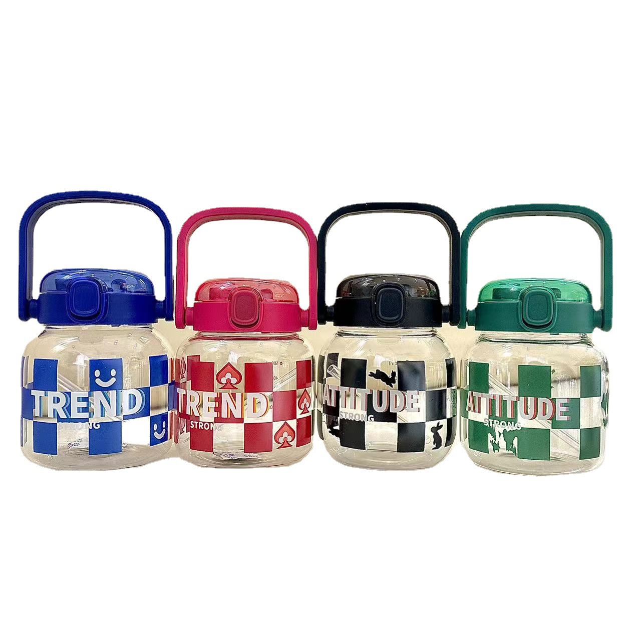 Check pattern fashionable large-bellied cup, portable large-capacity glass cup, couple trendy and personalized student double-drinking straw cup Item Picture