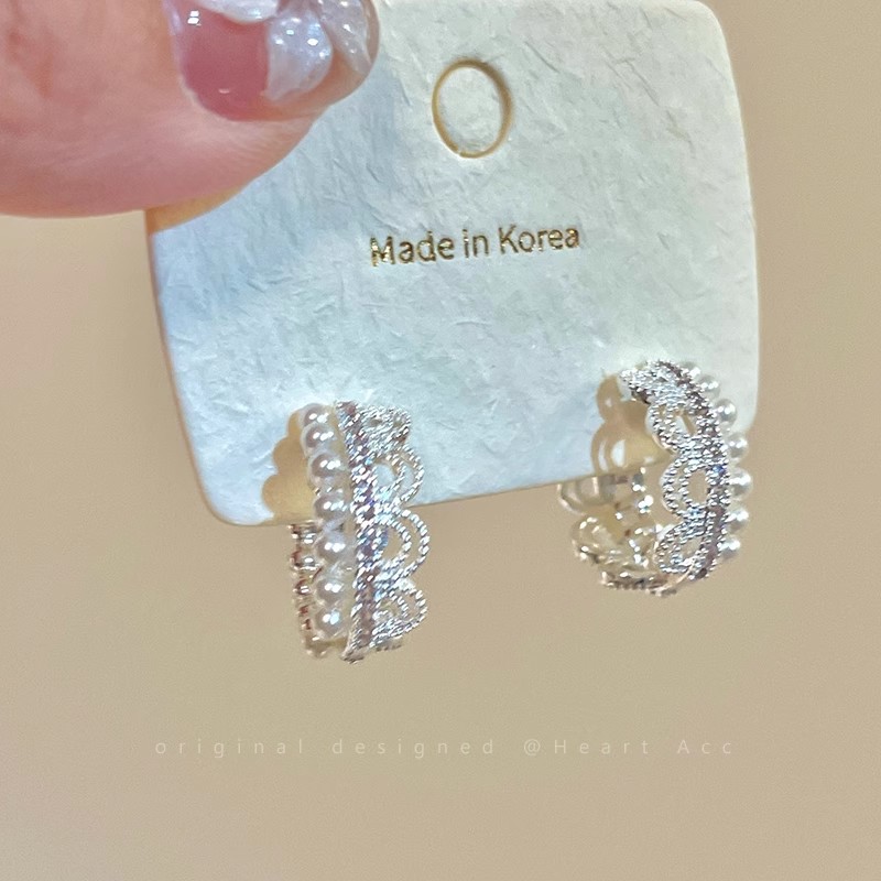 French zirconium lace-trimmed pearl earrings, women's ear rings, light luxury and high-end style, elegant and grand earrings and stud wholesale details Picture