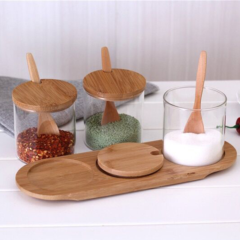 Round high borosilicate glass seasoning jar set, European-style seasoning jar combination seasoning box with wooden lid wholesale Specification drawing
