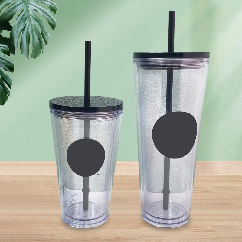 Factory wholesale transparent double-layer plastic cups, cups that change color when cooled, large-capacity pp plastic cups with straws, available for customization full figure