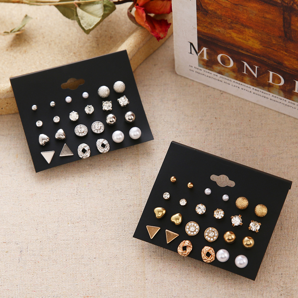 European and American cross-border stud earring set, 12 pairs of stud earrings, zircon heart triangle diamond earrings, retro stud earrings wholesale full figure