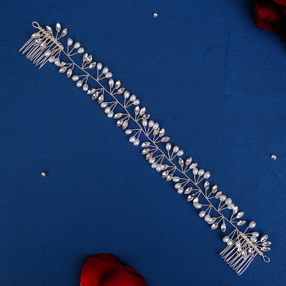 Cross-border new headwear, pearl water diamond hair comb, ancient-style photo album hair accessories, wedding hair accessories, handcrafted bride's hair comb Specification drawing