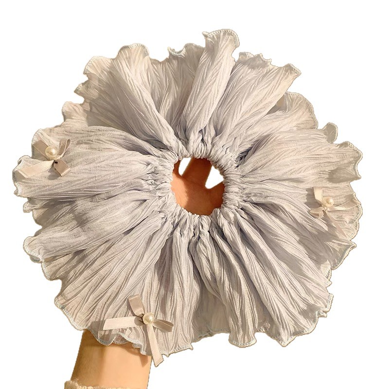 Sweet large-sized pearl bow double-layer large intestine hair band, Korean-style hair tie for women, low ponytail hair tie on the side Item Picture