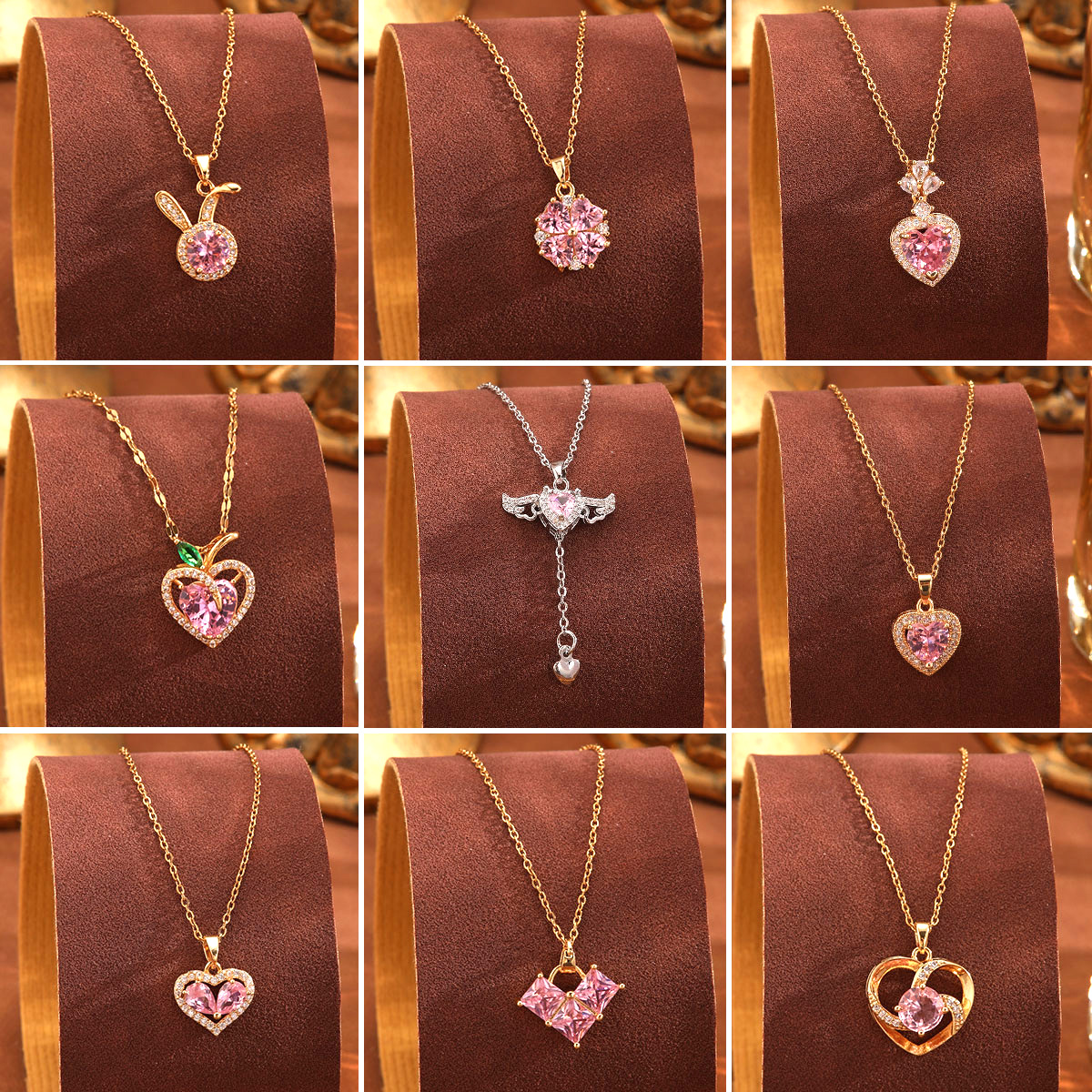 Cross-border titanium steel necklace, women's copper slightly inlaid pink heart-shaped zircon, light luxury, fashionable and niche design sense pendant collarbone chain full figure