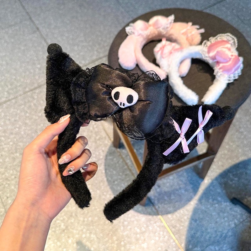 Cute pink bow Melody hairband, cartoon plush face wash headband, Halloween black Kulomi hair accessory Specification drawing